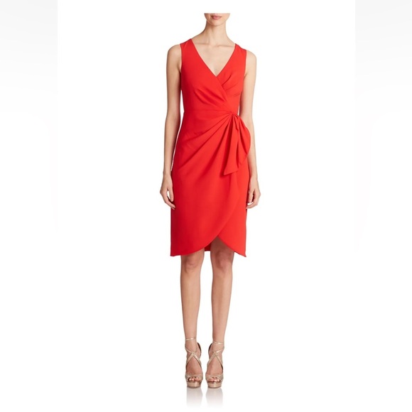 Badgley Mischka Red Poppy V-Neck Crepe Wrap Cocktail Dress Medium - Picture 3 of 15